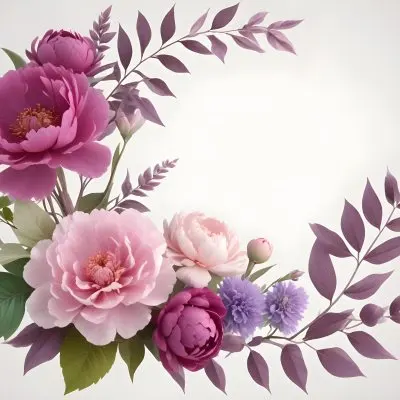 Digital Painting A Bouquet Of Vibrant Pink And Purple Flowers Including Large Peonies Surrounded By Lush Green Leaves And Delicate Floral Accents The Background Is A Soft Neutral Tone Allowing The Colorful Fl 50 C963