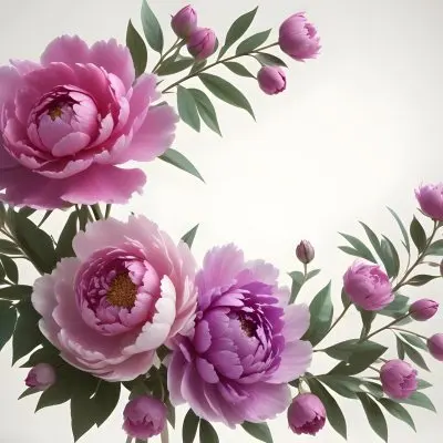 Digital Painting A Bouquet Of Vibrant Pink And Purple Flowers Including Large Peonies Surrounded By Lush Green Leaves And Delicate Floral Accents The Background Is A Soft Neutral Tone Allowing The Colorful Fl 51 43b7