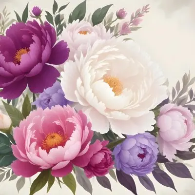 Digital Painting A Bouquet Of Vibrant Pink And Purple Flowers Including Large Peonies Surrounded By Lush Green Leaves And Delicate Floral Accents The Background Is A Soft Neutral Tone Allowing The Colorful Fl 73 A759