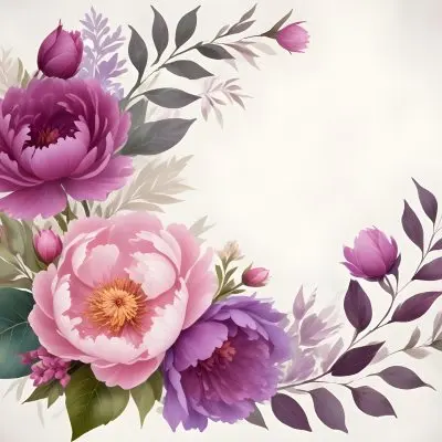 Digital Painting A Bouquet Of Vibrant Pink And Purple Flowers Including Large Peonies Surrounded By Lush Green Leaves And Delicate Floral Accents The Background Is A Soft Neutral Tone Allowing The Colorful Fl 76 Edcf