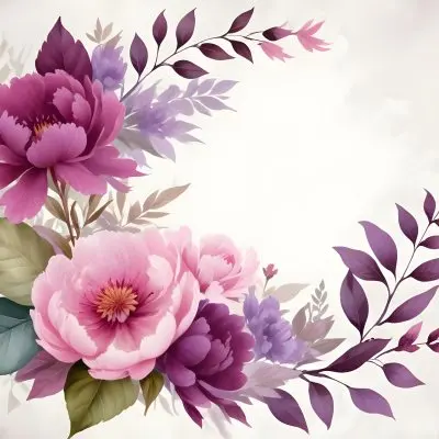 Digital Painting A Bouquet Of Vibrant Pink And Purple Flowers Including Large Peonies Surrounded By Lush Green Leaves And Delicate Floral Accents The Background Is A Soft Neutral Tone Allowing The Colorful Fl 77 C107