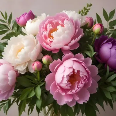 Digital Painting A Bouquet Of Vibrant Pink And Purple Flowers Including Large Peonies Surrounded By Lush Green Leaves And Delicate Floral Accents The Background Is A Soft Neutral Tone Allowing The Colorful Fl 9 63e0