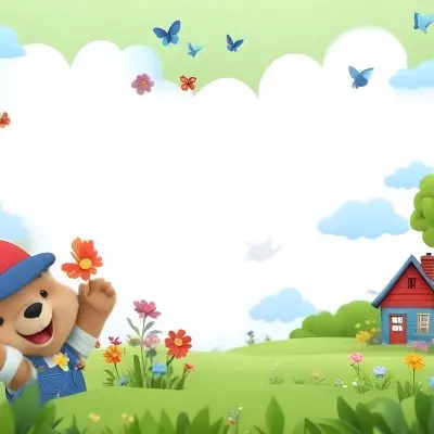 Digital Painting A Cheerful Cartoon Bear Wearing A Red Hat And Blue Overalls Is Waving With One Hand Surrounded By Colorful Flowers And Butterflies A Small Blue Bird Is Flying Above In The Background There Is A Simp 10 03a6