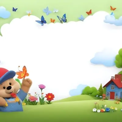 Digital Painting A Cheerful Cartoon Bear Wearing A Red Hat And Blue Overalls Is Waving With One Hand Surrounded By Colorful Flowers And Butterflies A Small Blue Bird Is Flying Above In The Background There Is A Simp 13 92ed