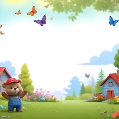 Digital Painting A Cheerful Cartoon Bear Wearing A Red Hat And Blue Overalls Is Waving With One Hand Surrounded By Colorful Flowers And Butterflies A Small Blue Bird Is Flying Above In The Background There Is A Simp 22 7102
