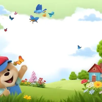 Digital Painting A Cheerful Cartoon Bear Wearing A Red Hat And Blue Overalls Is Waving With One Hand Surrounded By Colorful Flowers And Butterflies A Small Blue Bird Is Flying Above In The Background There Is A Simp 26 5d05