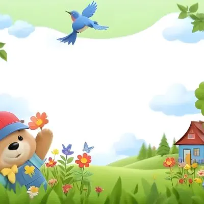 Digital Painting A Cheerful Cartoon Bear Wearing A Red Hat And Blue Overalls Is Waving With One Hand Surrounded By Colorful Flowers And Butterflies A Small Blue Bird Is Flying Above In The Background There Is A Simp 30 Fb77