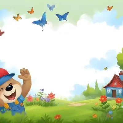 Digital Painting A Cheerful Cartoon Bear Wearing A Red Hat And Blue Overalls Is Waving With One Hand Surrounded By Colorful Flowers And Butterflies A Small Blue Bird Is Flying Above In The Background There Is A Simp 35 7e14