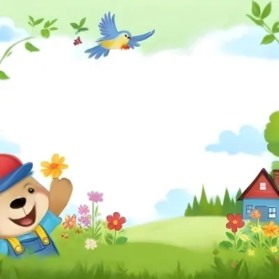 Digital Painting A Cheerful Cartoon Bear Wearing A Red Hat And Blue Overalls Is Waving With One Hand Surrounded By Colorful Flowers And Butterflies A Small Blue Bird Is Flying Above In The Background There Is A Simp 38 0858