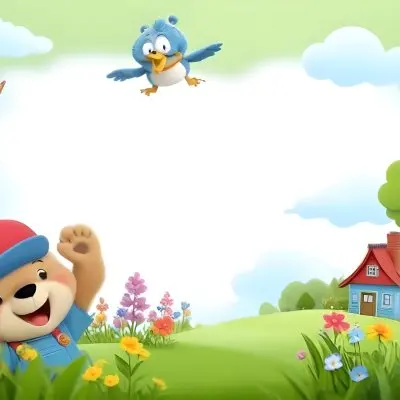 Digital Painting A Cheerful Cartoon Bear Wearing A Red Hat And Blue Overalls Is Waving With One Hand Surrounded By Colorful Flowers And Butterflies A Small Blue Bird Is Flying Above In The Background There Is A Simp 4 Ce3a