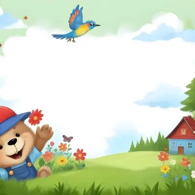 Digital Painting A Cheerful Cartoon Bear Wearing A Red Hat And Blue Overalls Is Waving With One Hand Surrounded By Colorful Flowers And Butterflies A Small Blue Bird Is Flying Above In The Background There Is A Simp 40 4aec