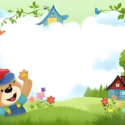Digital Painting A Cheerful Cartoon Bear Wearing A Red Hat And Blue Overalls Is Waving With One Hand Surrounded By Colorful Flowers And Butterflies A Small Blue Bird Is Flying Above In The Background There Is A Simp 41 C899