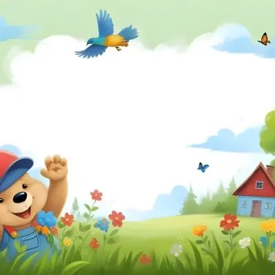 Digital Painting A Cheerful Cartoon Bear Wearing A Red Hat And Blue Overalls Is Waving With One Hand Surrounded By Colorful Flowers And Butterflies A Small Blue Bird Is Flying Above In The Background There Is A Simp 42 780e