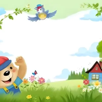 Digital Painting A Cheerful Cartoon Bear Wearing A Red Hat And Blue Overalls Is Waving With One Hand Surrounded By Colorful Flowers And Butterflies A Small Blue Bird Is Flying Above In The Background There Is A Simp 44 310d