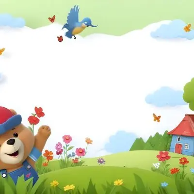 Digital Painting A Cheerful Cartoon Bear Wearing A Red Hat And Blue Overalls Is Waving With One Hand Surrounded By Colorful Flowers And Butterflies A Small Blue Bird Is Flying Above In The Background There Is A Simp 9 Fbaf
