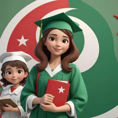 Digital Painting A Colorful Background Featuring The Algerian Flag With Green White And Red Colors Including A Red Star And Crescent On The Left A Girl Holding Books And Wearing A Graduation Cap Symbolizing Educatio 1 Cb06