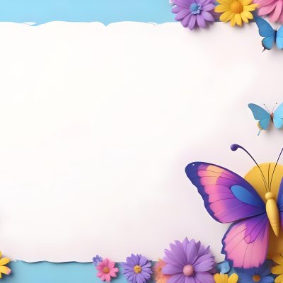 Digital Painting A Colorful Border Featuring A Cheerful Blue Butterfly With Pink And Purple Wings On The Right Side The Background Consists Of Pastel Colored Flowers In Shades Of Pink Blue And Yellow Creating A Play 11 Bbb3