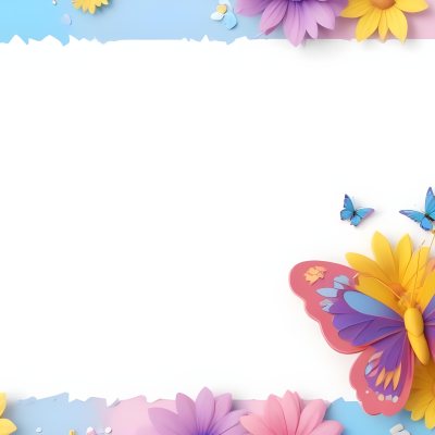 Digital Painting A Colorful Border Featuring A Cheerful Blue Butterfly With Pink And Purple Wings On The Right Side The Background Consists Of Pastel Colored Flowers In Shades Of Pink Blue And Yellow Creating A Play 12 E07b
