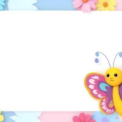 Digital Painting A Colorful Border Featuring A Cheerful Blue Butterfly With Pink And Purple Wings On The Right Side The Background Consists Of Pastel Colored Flowers In Shades Of Pink Blue And Yellow Creating A Play 13 D26c