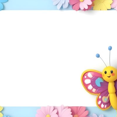 Digital Painting A Colorful Border Featuring A Cheerful Blue Butterfly With Pink And Purple Wings On The Right Side The Background Consists Of Pastel Colored Flowers In Shades Of Pink Blue And Yellow Creating A Play 14 8036