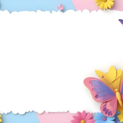 Digital Painting A Colorful Border Featuring A Cheerful Blue Butterfly With Pink And Purple Wings On The Right Side The Background Consists Of Pastel Colored Flowers In Shades Of Pink Blue And Yellow Creating A Play 15 99f4