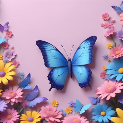 Digital Painting A Colorful Border Featuring A Cheerful Blue Butterfly With Pink And Purple Wings On The Right Side The Background Consists Of Pastel Colored Flowers In Shades Of Pink Blue And Yellow Creating A Play 18 C091