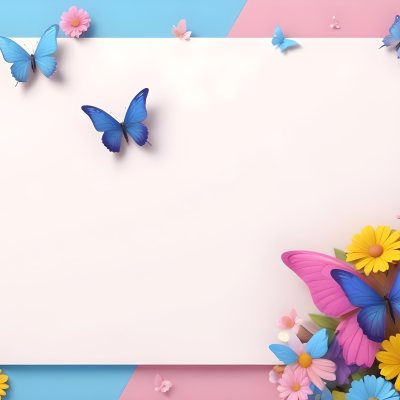 Digital Painting A Colorful Border Featuring A Cheerful Blue Butterfly With Pink And Purple Wings On The Right Side The Background Consists Of Pastel Colored Flowers In Shades Of Pink Blue And Yellow Creating A Play 19 264c