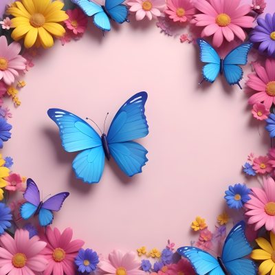 Digital Painting A Colorful Border Featuring A Cheerful Blue Butterfly With Pink And Purple Wings On The Right Side The Background Consists Of Pastel Colored Flowers In Shades Of Pink Blue And Yellow Creating A Play 20 0db6