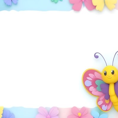 Digital Painting A Colorful Border Featuring A Cheerful Blue Butterfly With Pink And Purple Wings On The Right Side The Background Consists Of Pastel Colored Flowers In Shades Of Pink Blue And Yellow Creating A Play 21 3ef4