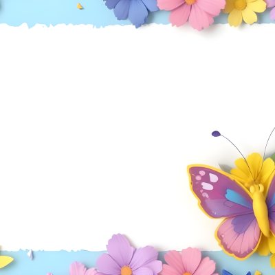 Digital Painting A Colorful Border Featuring A Cheerful Blue Butterfly With Pink And Purple Wings On The Right Side The Background Consists Of Pastel Colored Flowers In Shades Of Pink Blue And Yellow Creating A Play 22 B5b1