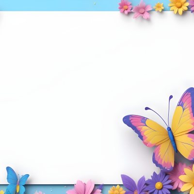 Digital Painting A Colorful Border Featuring A Cheerful Blue Butterfly With Pink And Purple Wings On The Right Side The Background Consists Of Pastel Colored Flowers In Shades Of Pink Blue And Yellow Creating A Play 23 A80b