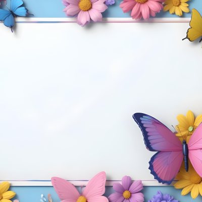 Digital Painting A Colorful Border Featuring A Cheerful Blue Butterfly With Pink And Purple Wings On The Right Side The Background Consists Of Pastel Colored Flowers In Shades Of Pink Blue And Yellow Creating A Play 24 36a6