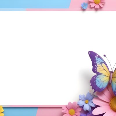 Digital Painting A Colorful Border Featuring A Cheerful Blue Butterfly With Pink And Purple Wings On The Right Side The Background Consists Of Pastel Colored Flowers In Shades Of Pink Blue And Yellow Creating A Play 25 0c16
