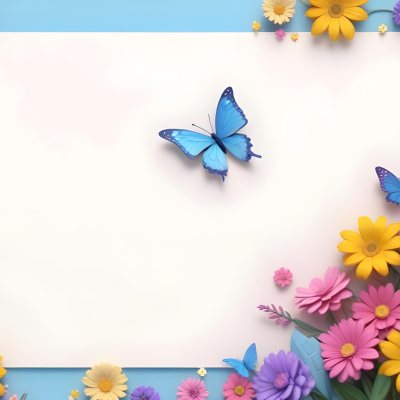 Digital Painting A Colorful Border Featuring A Cheerful Blue Butterfly With Pink And Purple Wings On The Right Side The Background Consists Of Pastel Colored Flowers In Shades Of Pink Blue And Yellow Creating A Play 29 9bcc