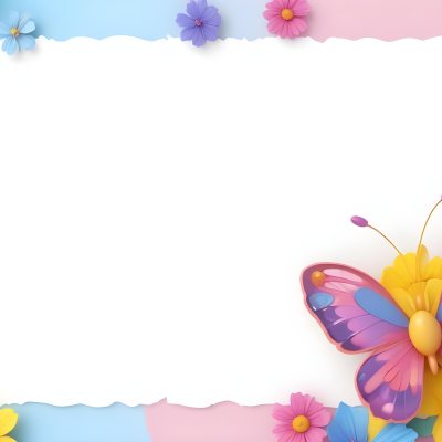 Digital Painting A Colorful Border Featuring A Cheerful Blue Butterfly With Pink And Purple Wings On The Right Side The Background Consists Of Pastel Colored Flowers In Shades Of Pink Blue And Yellow Creating A Play 3 8812