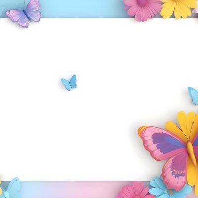 Digital Painting A Colorful Border Featuring A Cheerful Blue Butterfly With Pink And Purple Wings On The Right Side The Background Consists Of Pastel Colored Flowers In Shades Of Pink Blue And Yellow Creating A Play 30 E6aa