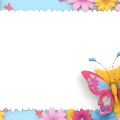 Digital Painting A Colorful Border Featuring A Cheerful Blue Butterfly With Pink And Purple Wings On The Right Side The Background Consists Of Pastel Colored Flowers In Shades Of Pink Blue And Yellow Creating A Play 31 4851