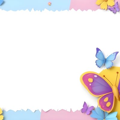 Digital Painting A Colorful Border Featuring A Cheerful Blue Butterfly With Pink And Purple Wings On The Right Side The Background Consists Of Pastel Colored Flowers In Shades Of Pink Blue And Yellow Creating A Play 32 38a5