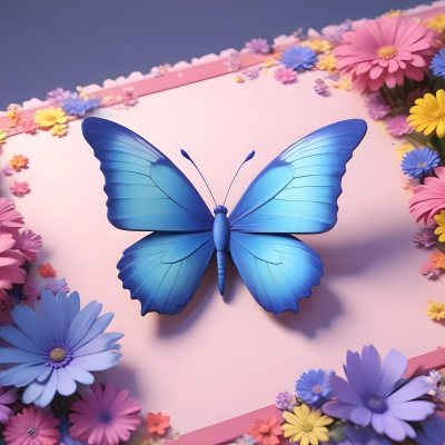 Digital Painting A Colorful Border Featuring A Cheerful Blue Butterfly With Pink And Purple Wings On The Right Side The Background Consists Of Pastel Colored Flowers In Shades Of Pink Blue And Yellow Creating A Play 33 824e