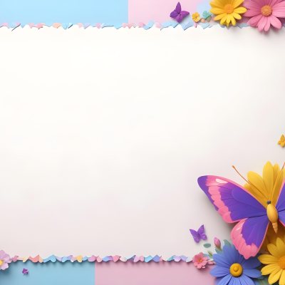 Digital Painting A Colorful Border Featuring A Cheerful Blue Butterfly With Pink And Purple Wings On The Right Side The Background Consists Of Pastel Colored Flowers In Shades Of Pink Blue And Yellow Creating A Play 34 E3f2