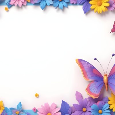 Digital Painting A Colorful Border Featuring A Cheerful Blue Butterfly With Pink And Purple Wings On The Right Side The Background Consists Of Pastel Colored Flowers In Shades Of Pink Blue And Yellow Creating A Play 35 0dfe