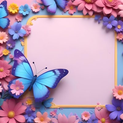 Digital Painting A Colorful Border Featuring A Cheerful Blue Butterfly With Pink And Purple Wings On The Right Side The Background Consists Of Pastel Colored Flowers In Shades Of Pink Blue And Yellow Creating A Play 38 0f3f