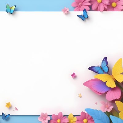 Digital Painting A Colorful Border Featuring A Cheerful Blue Butterfly With Pink And Purple Wings On The Right Side The Background Consists Of Pastel Colored Flowers In Shades Of Pink Blue And Yellow Creating A Play 45 37e6