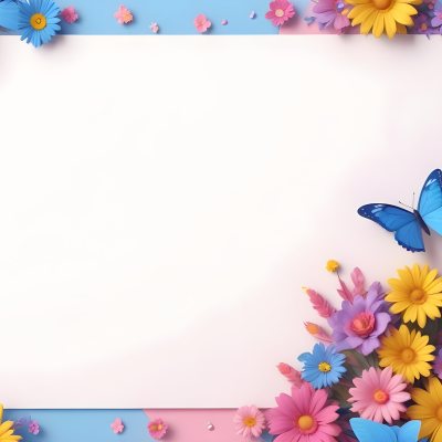 Digital Painting A Colorful Border Featuring A Cheerful Blue Butterfly With Pink And Purple Wings On The Right Side The Background Consists Of Pastel Colored Flowers In Shades Of Pink Blue And Yellow Creating A Play 48 7d34