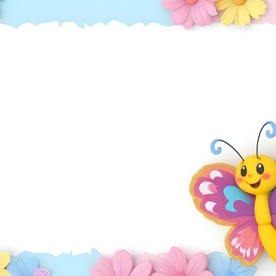 Digital Painting A Colorful Border Featuring A Cheerful Blue Butterfly With Pink And Purple Wings On The Right Side The Background Consists Of Pastel Colored Flowers In Shades Of Pink Blue And Yellow Creating A Play 49 7f8b