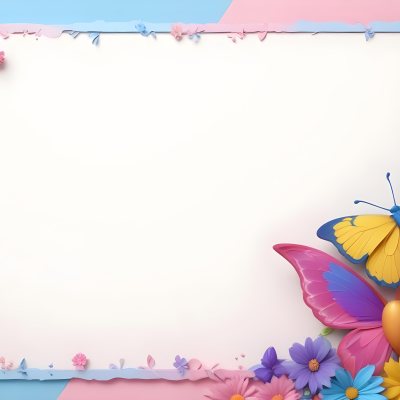 Digital Painting A Colorful Border Featuring A Cheerful Blue Butterfly With Pink And Purple Wings On The Right Side The Background Consists Of Pastel Colored Flowers In Shades Of Pink Blue And Yellow Creating A Play 5 9886