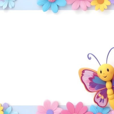 Digital Painting A Colorful Border Featuring A Cheerful Blue Butterfly With Pink And Purple Wings On The Right Side The Background Consists Of Pastel Colored Flowers In Shades Of Pink Blue And Yellow Creating A Play 52 2dce