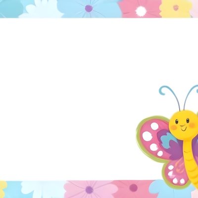 Digital Painting A Colorful Border Featuring A Cheerful Blue Butterfly With Pink And Purple Wings On The Right Side The Background Consists Of Pastel Colored Flowers In Shades Of Pink Blue And Yellow Creating A Play 54 A4f8