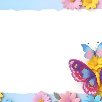 Digital Painting A Colorful Border Featuring A Cheerful Blue Butterfly With Pink And Purple Wings On The Right Side The Background Consists Of Pastel Colored Flowers In Shades Of Pink Blue And Yellow Creating A Play 55 71f6