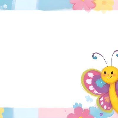 Digital Painting A Colorful Border Featuring A Cheerful Blue Butterfly With Pink And Purple Wings On The Right Side The Background Consists Of Pastel Colored Flowers In Shades Of Pink Blue And Yellow Creating A Play 56 Ccf4